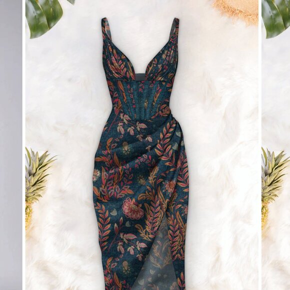 NEW Averie Halley Draped Midi Tropical Cocktail Evening Dress - Picture 4 of 12